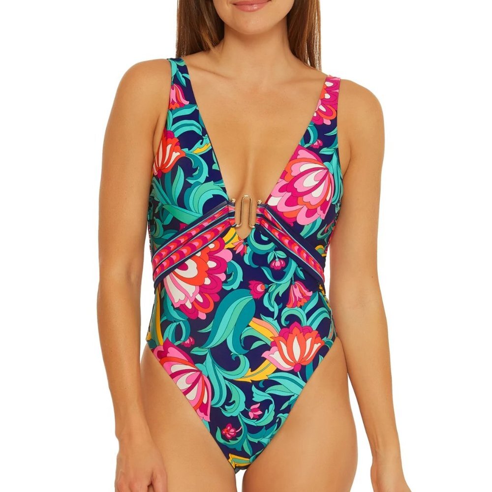 NWT Trina Turk India Garden M-Wire Plunge One Piece Swimsuit